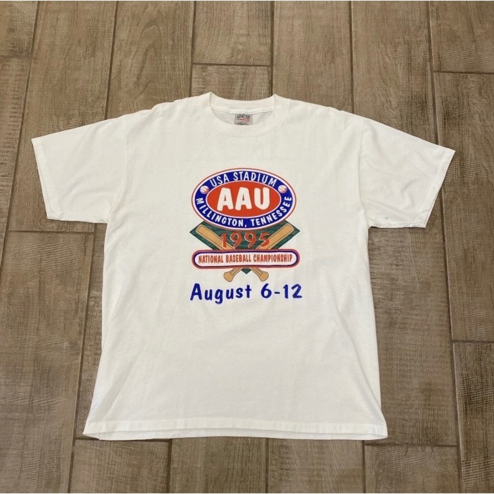 VTG Oneita Tee Men XL White Single Stitch 1995 AAU Baseball Championship T-shirt